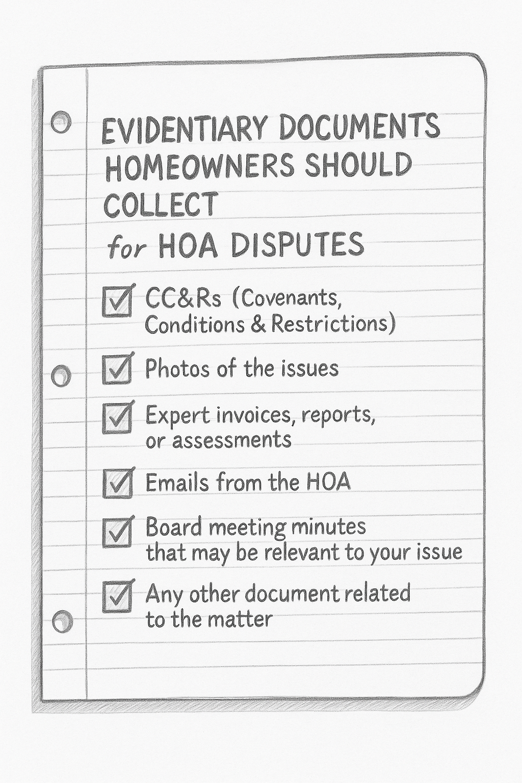 Hand-drawn checklist of evidentiary documents homeowners should collect for HOA disputes, sketched on a lined notebook page