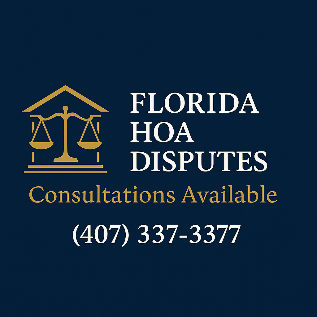 Florida HOA disputes consultations available graphic with courthouse and scales of justice icon and phone number