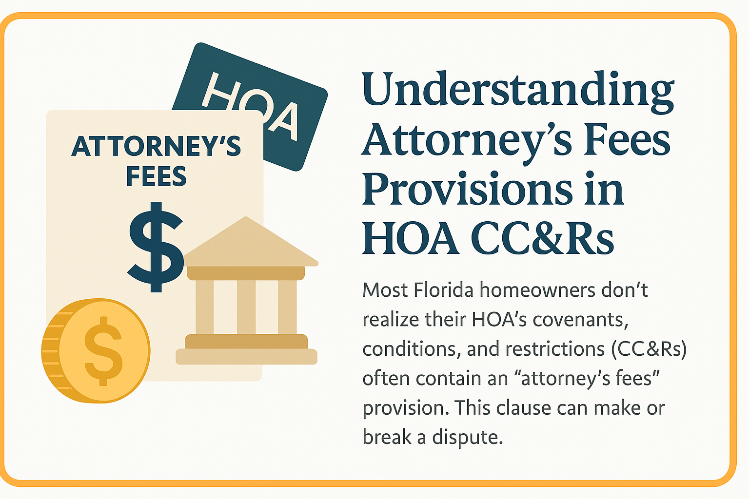 Illustration of attorney’s fees provision in HOA CC&Rs with dollar sign, courthouse, and HOA card
