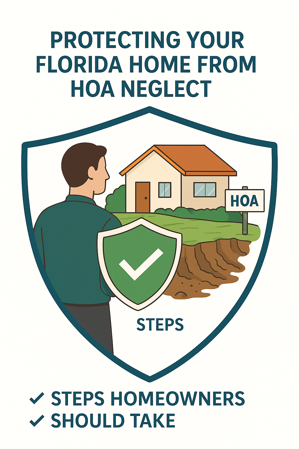 Homeowner protecting a Florida house from HOA neglect with a shield, symbolizing steps homeowners should take