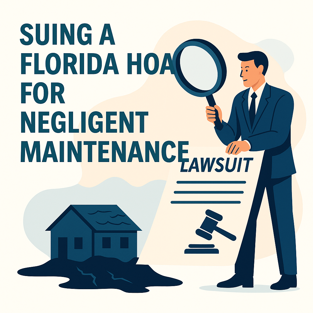 Suing a Florida HOA for negligent maintenance illustration with attorney reviewing lawsuit and damaged home