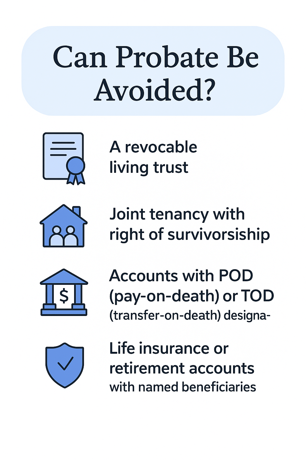 Infographic showing ways to avoid probate in Florida, including revocable living trusts, joint tenancy with right of survivorship, POD or TOD accounts, and life insurance or retirement accounts with named beneficiaries.