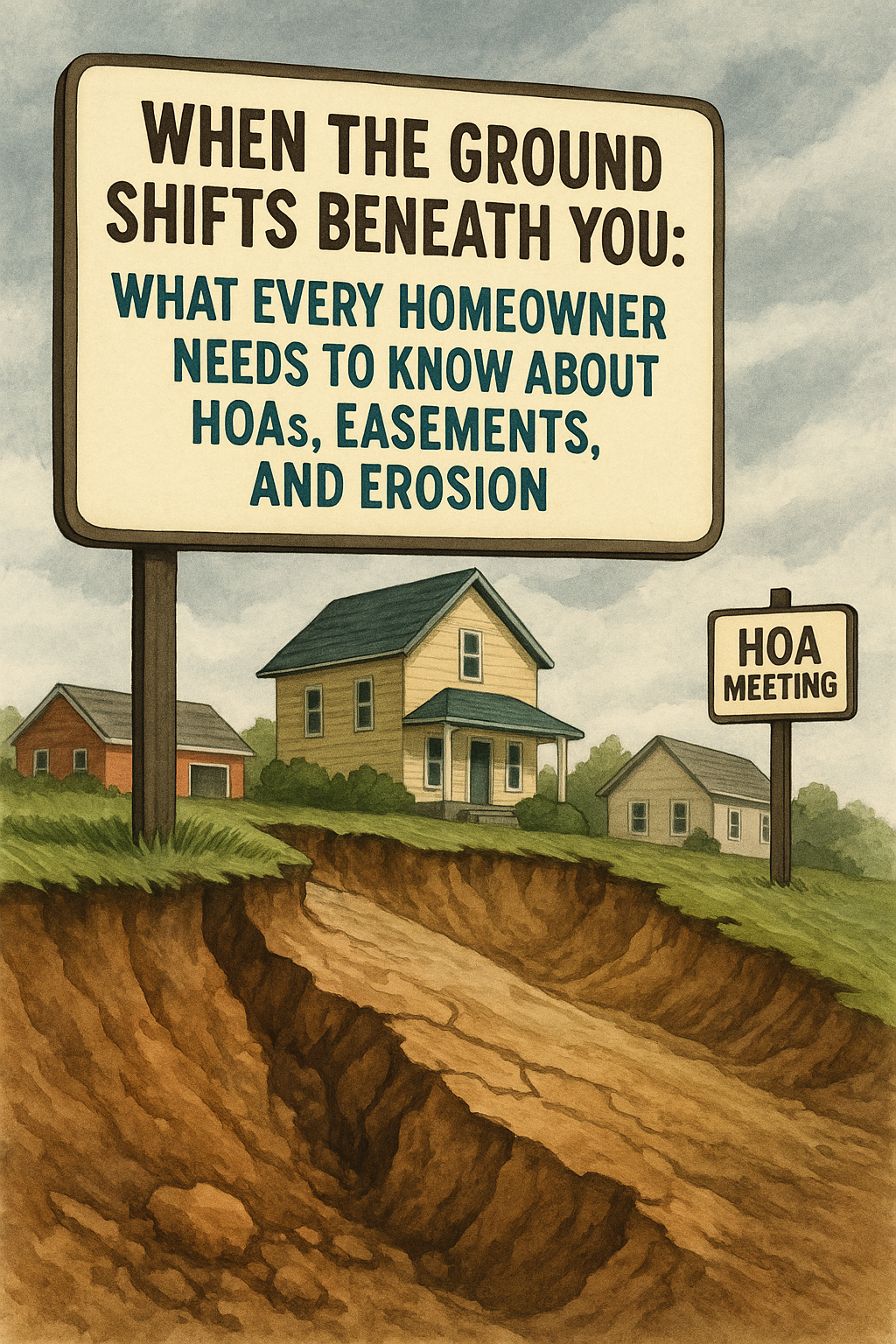 Illustration of a neighborhood with a house near eroded land, promoting homeowner awareness about HOAs, easements, and erosion.