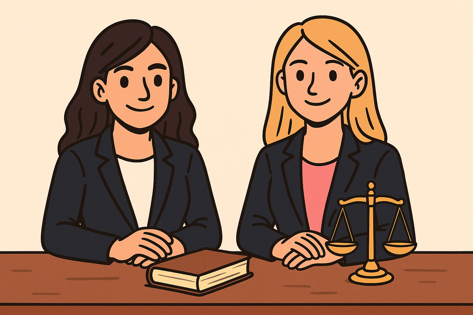 Cartoon-style illustration of two female probate attorneys, one blonde and one brunette, in navy-blue suits with pink accents, holding folders labeled Probate Attorney, symbolizing legal guidance in Florida probate.
