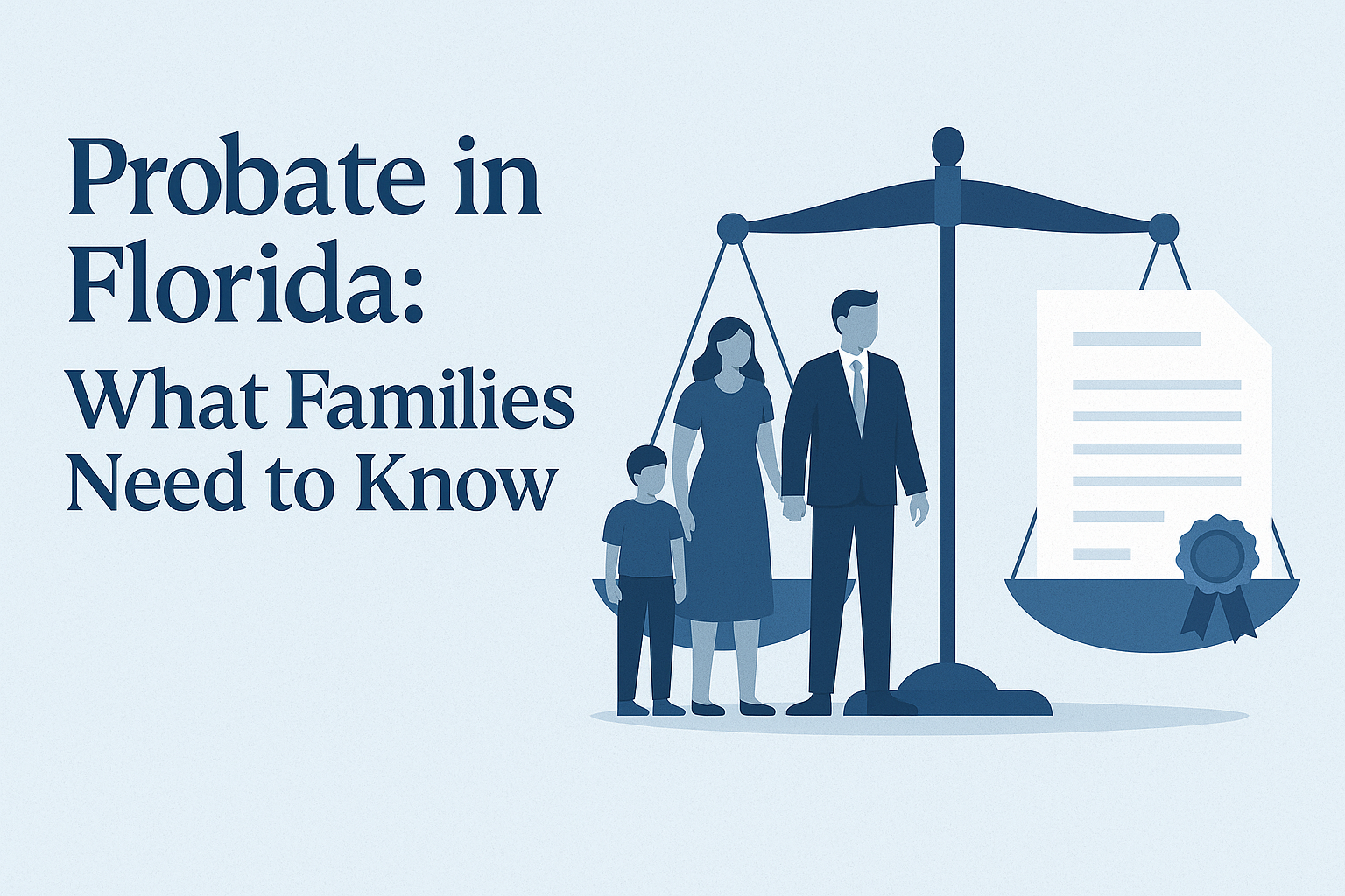 Illustration of a Florida family standing beside scales of justice and legal documents, symbolizing probate in Florida and what families need to know.