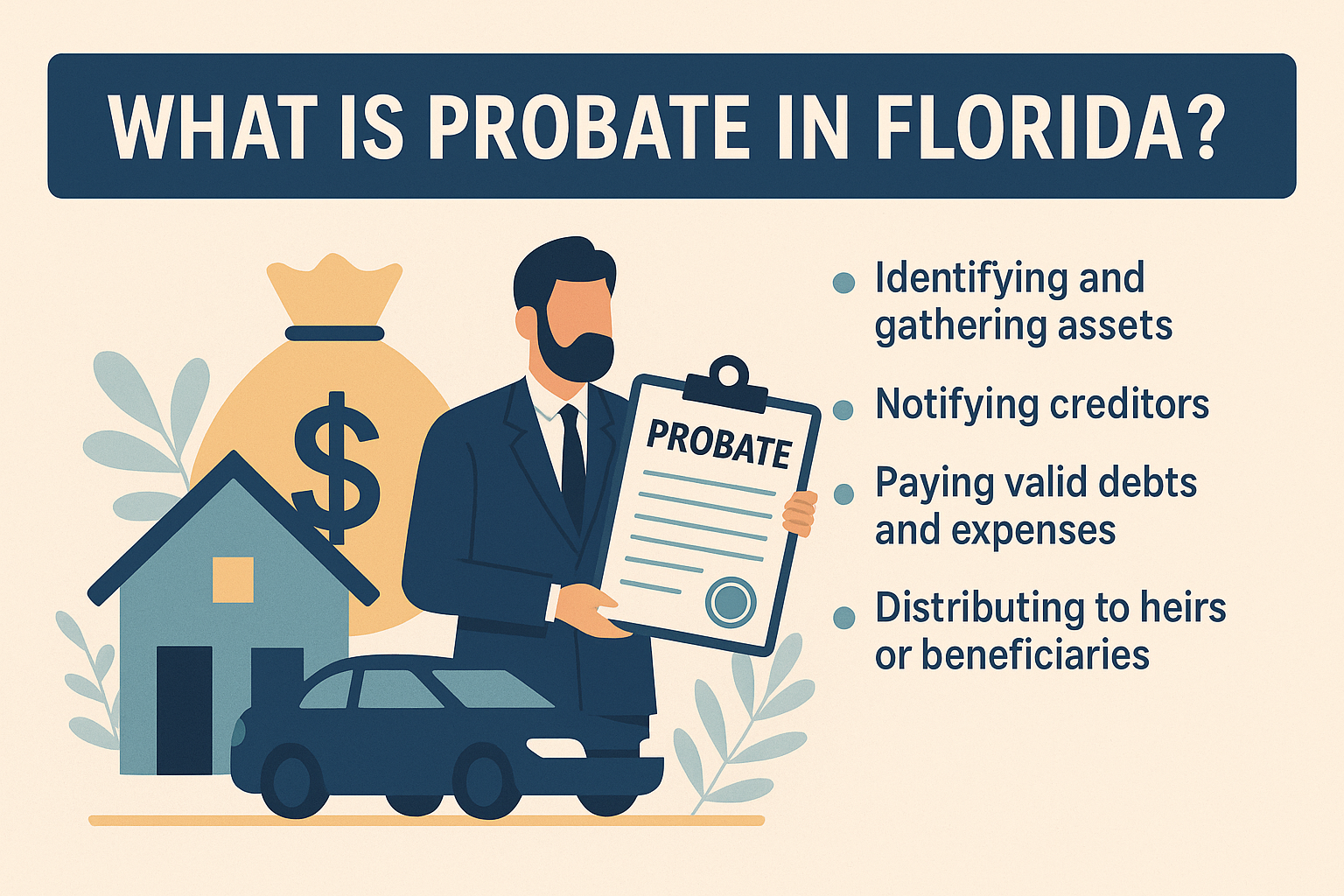 Modern illustration showing a lawyer holding probate documents with icons of a house, car, and money bag, symbolizing identifying assets, notifying creditors, paying debts, and distributing property in Florida probate.