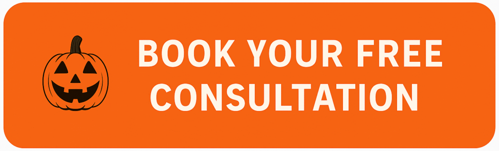 Orange rectangular button with rounded corners featuring a jack-o’-lantern icon and the words “Book Your Free Consultation” in bold white text.