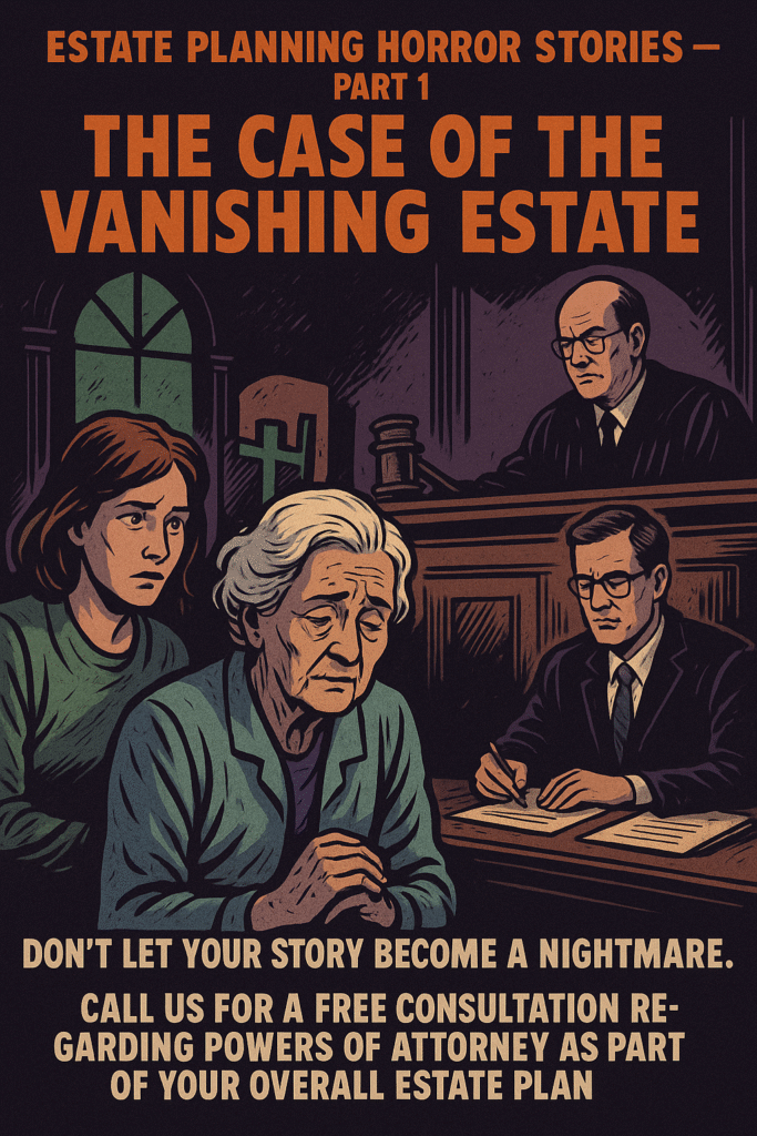 Illustrated poster in vintage horror style showing an elderly woman in court with her stepdaughter, a judge, and a lawyer. Text reads: “The Case of the Vanishing Estate. Don’t let your story become a nightmare. Call us for a free consultation regarding Powers of Attorney as part of your overall estate plan.