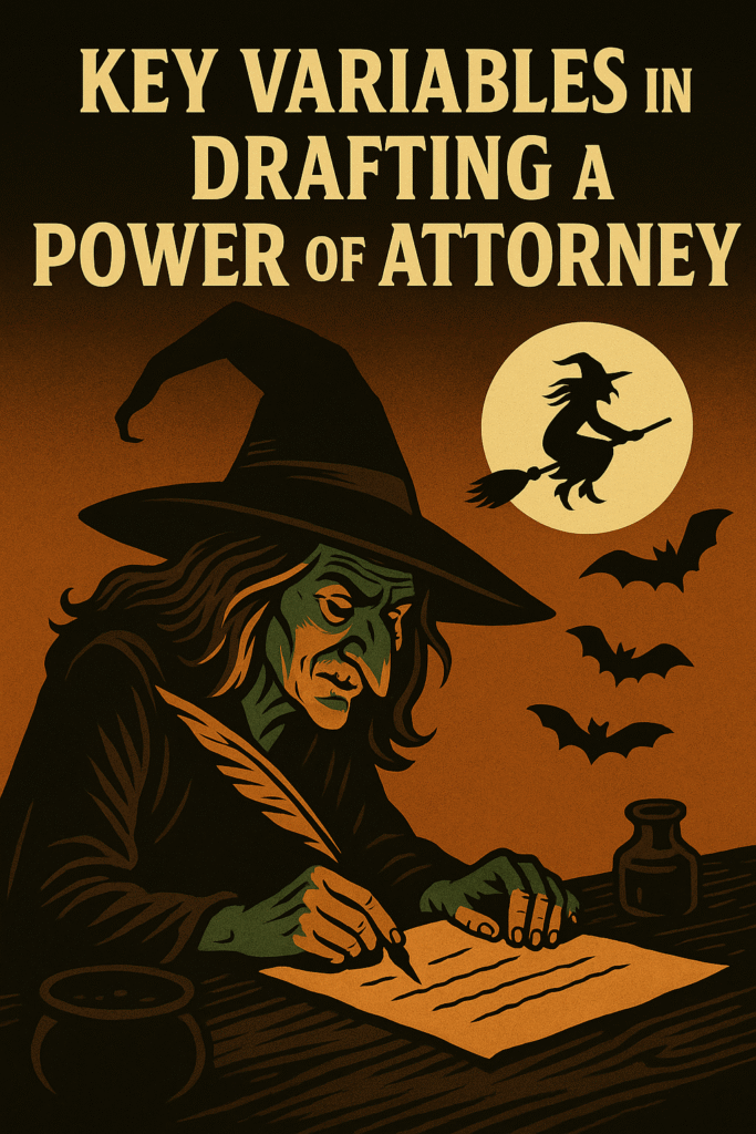 Vintage horror-style illustration of a green-skinned witch in a pointed hat writing with a feather quill on parchment at a wooden desk, under candlelight, with bats flying across a full moon in the background.