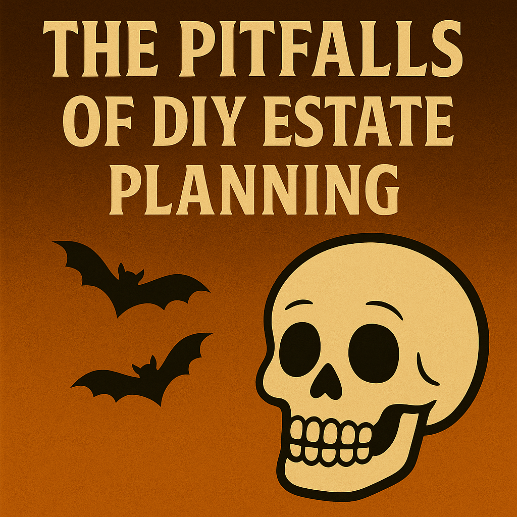 Vintage Halloween-style illustration with a smiling cartoonish skull and flying bats on an orange gradient background.