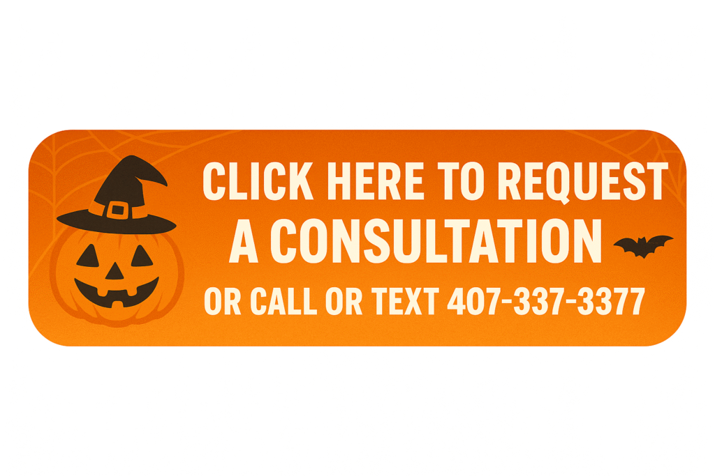 Orange Halloween-themed rectangular button with rounded corners. Features a jack-o’-lantern wearing a witch’s hat, a small bat, and bold white text that reads: “Click here to request a consultation or call or text 407-337-3377