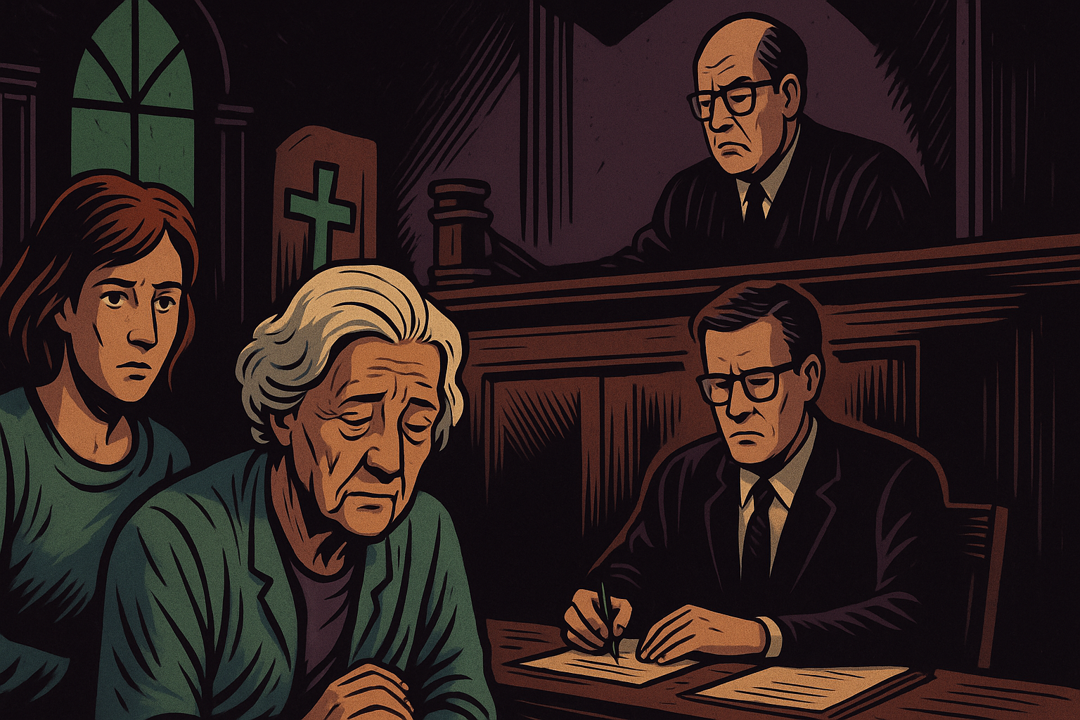 Wide banner-style illustration in vintage horror comic style. Scene shows an elderly woman with her stepdaughter in a shadowy courtroom, while a lawyer writes at a desk and a stern judge watches from the bench. No text included.