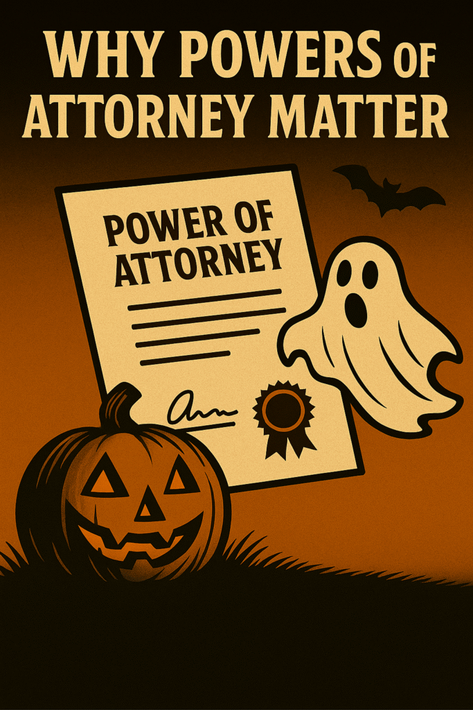 Vintage Halloween-style illustration with a jack-o’-lantern, ghost, bat, and a legal document labeled “Power of Attorney.