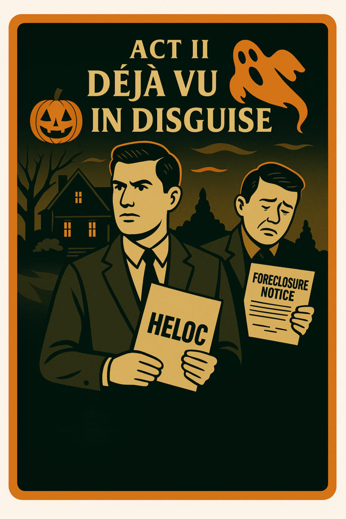 Vintage Halloween-style illustration: two men in suits in front of a shadowy house; one holds a folder labeled “HELOC,” the other a “Foreclosure Notice,” with a pumpkin and ghost; header reads “Act II: Déjà Vu in Disguise.”