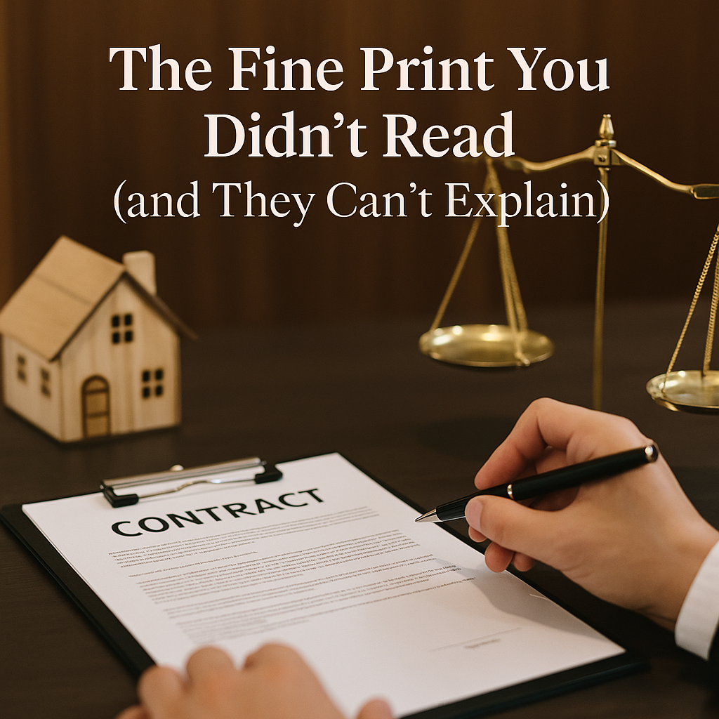 A close-up of a real estate contract on a desk with a small wooden house and a balance scale symbolizing legal review and protection by a Florida attorney.