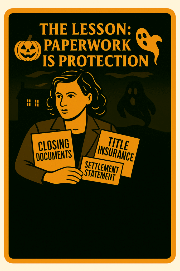 Vintage Halloween-style poster showing a confident woman holding folders labeled “Title Insurance” and “Settlement Statement,” with a pumpkin and ghost; headline reads “The Lesson: Paperwork Is Protection.”