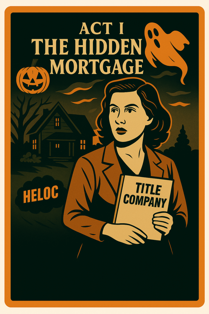 Vintage Halloween-style illustration of a woman holding a “Title Company” folder in front of a suburban house, with a pumpkin, ghost, and a single “HELOC” bubble; header reads “Act I: The Hidden Mortgage.”