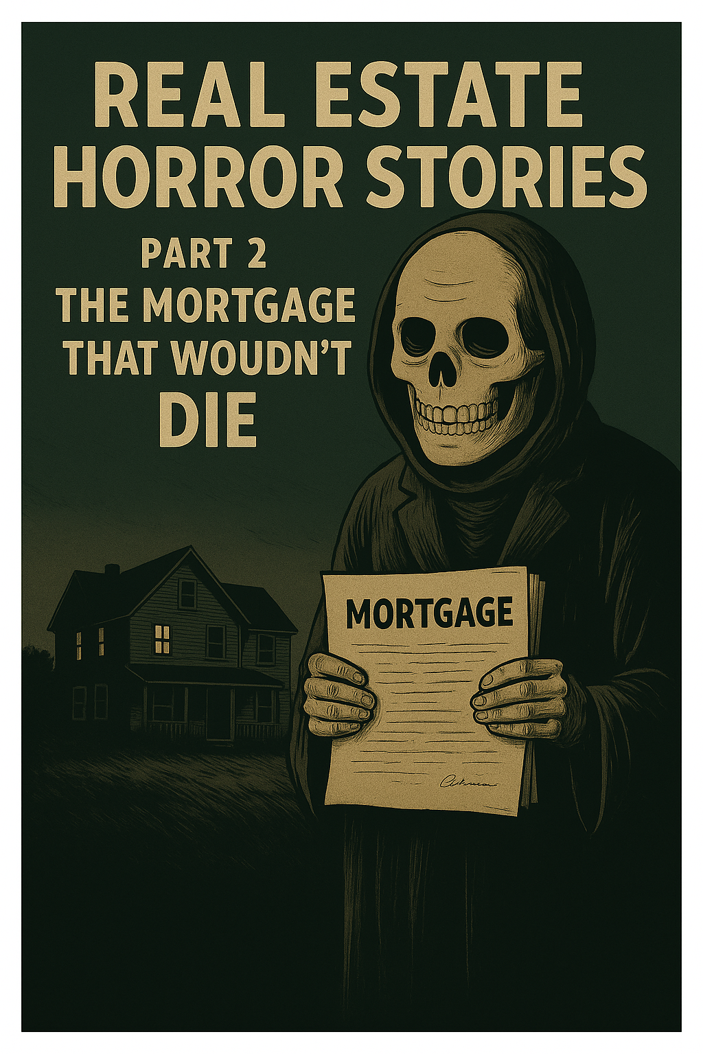Professional vintage-style illustration showing a cloaked undertaker-like figure holding a document labeled “Mortgage” in front of a shadowy house, used for a real estate law blog about title insurance mistakes.