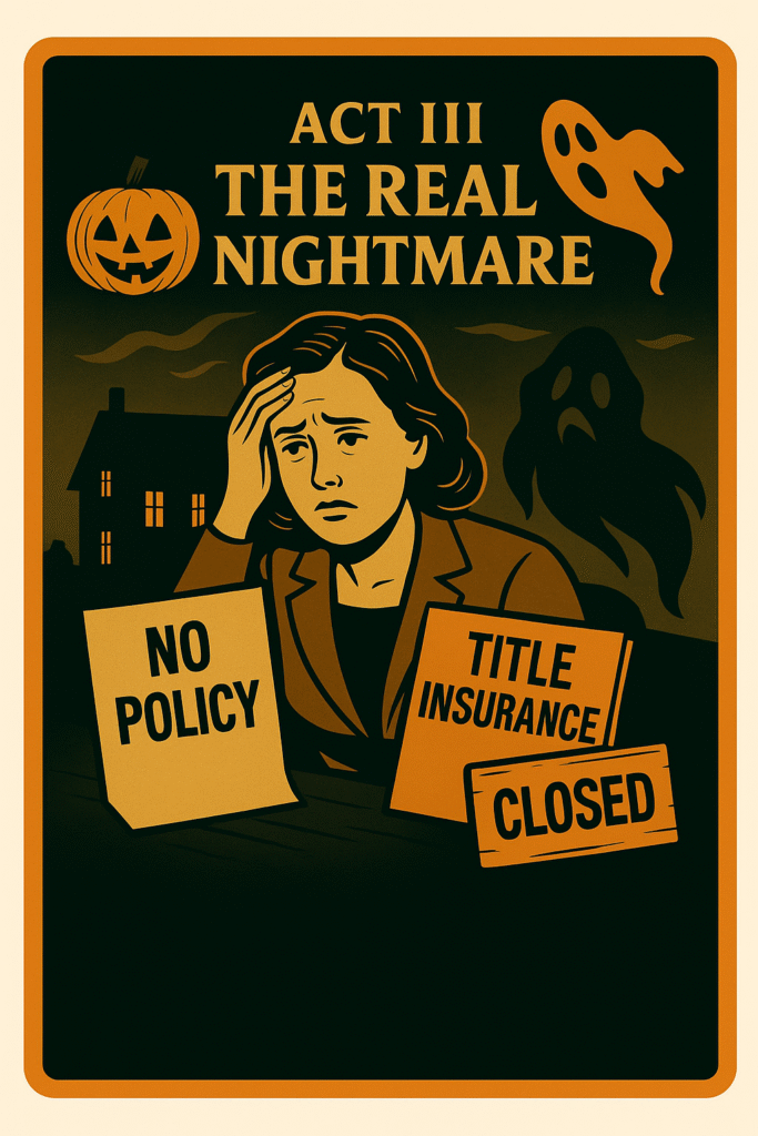 Vintage Halloween-style illustration of a distressed woman at a desk with signs reading “No Policy,” “Title Insurance,” and “Closed,” with a pumpkin and ghost; header reads “Act III: The Real Nightmare.”