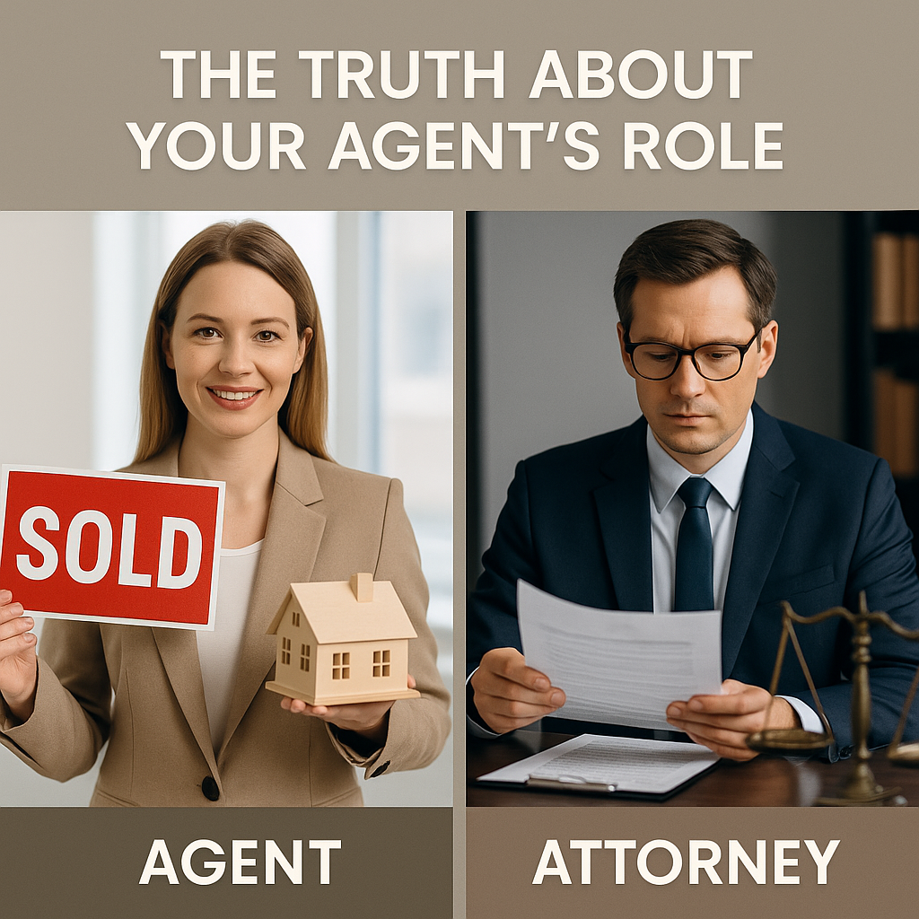 Side-by-side image of a real estate agent holding a sold sign and an attorney reviewing legal documents, symbolizing the difference between their roles in Florida real estate transactions.