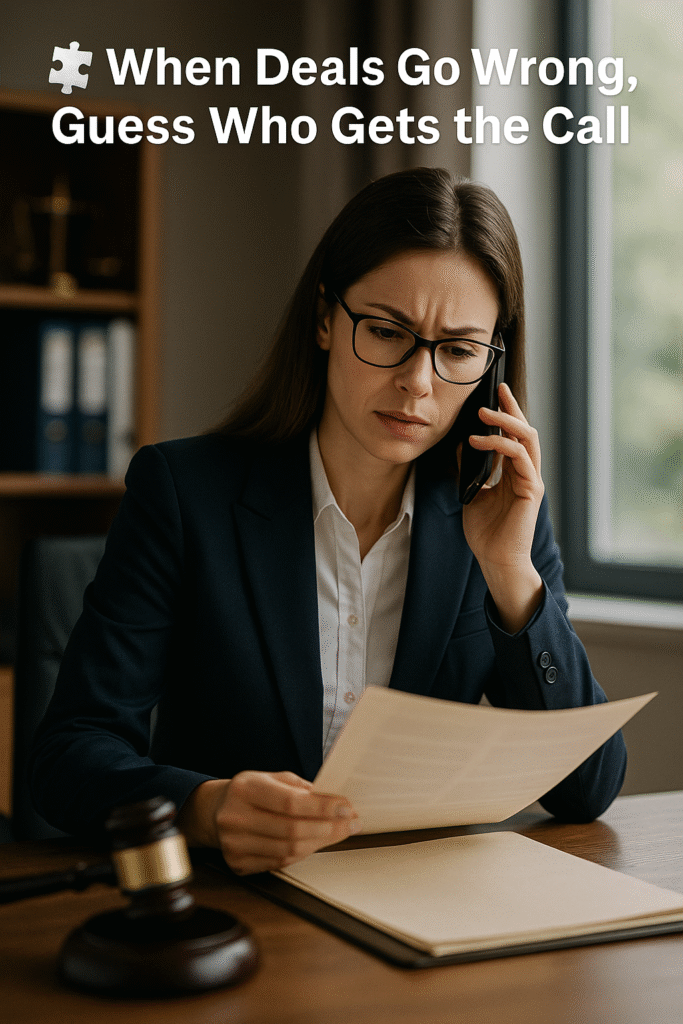 Female real estate attorney reviewing documents while on the phone at a law office desk with legal symbols, representing proactive legal help in Florida.