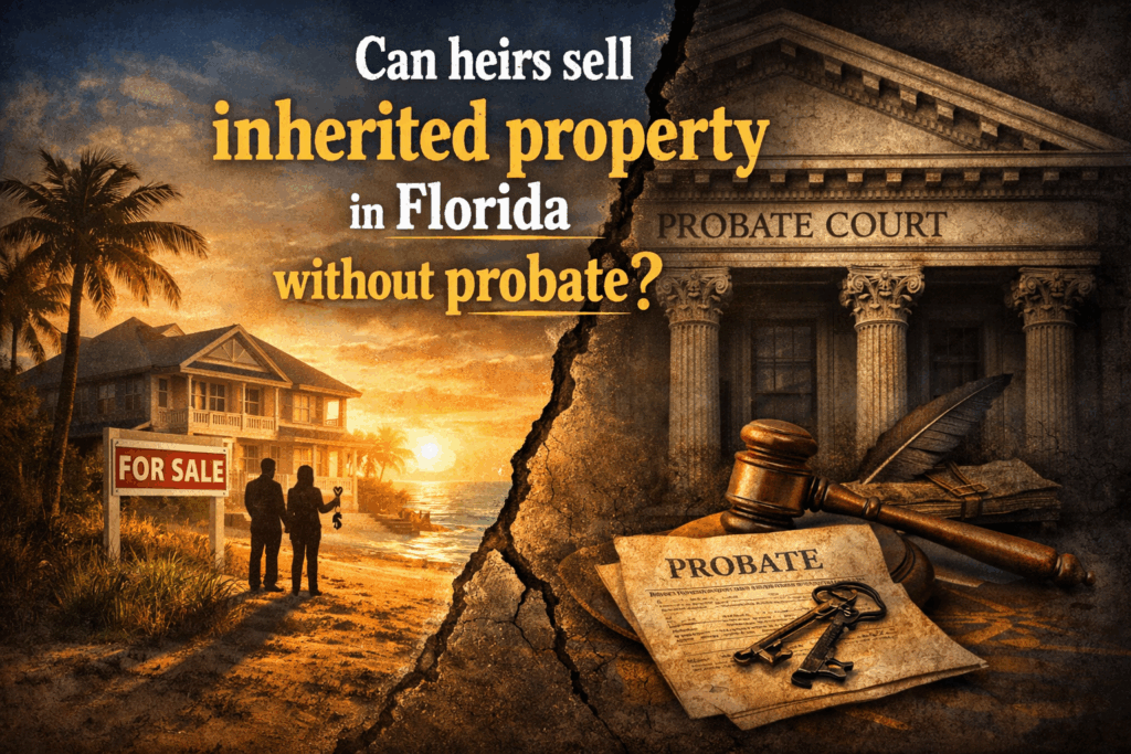Can heirs sell inherited property in Florida without probate illustrated with a split image showing a Florida home for sale on one side and a probate court with gavel and legal documents on the other.