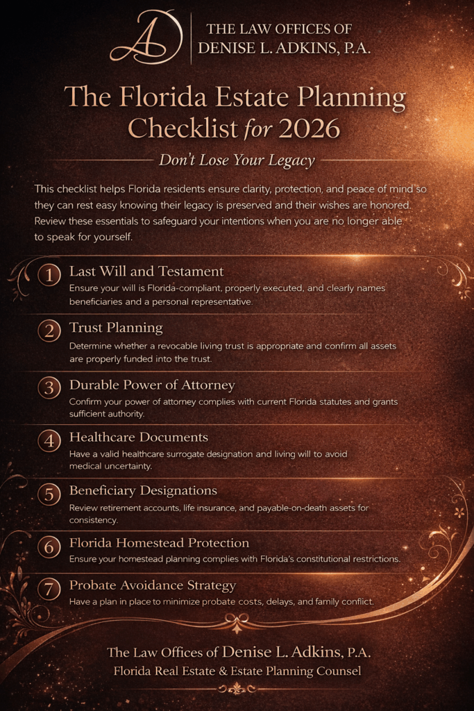 Florida Estate Planning Checklist for 2026 by The Law Offices of Denise L. Adkins, P.A., outlining wills, trusts, powers of attorney, healthcare documents, and probate avoidance