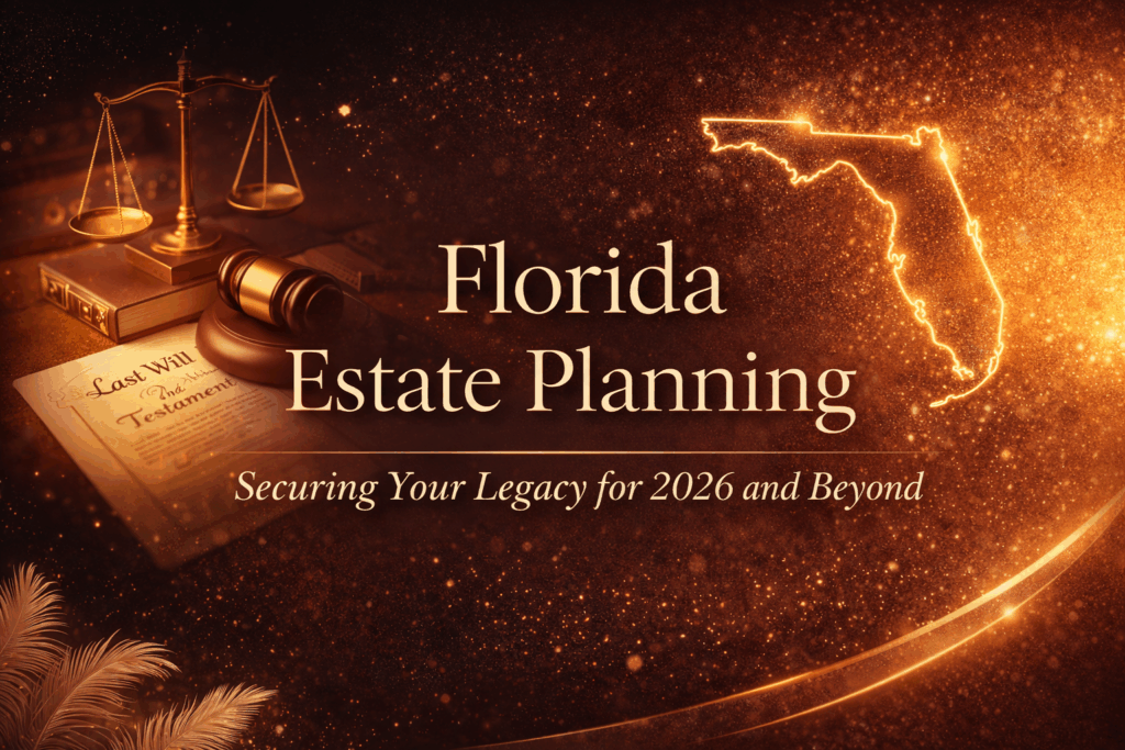 Florida estate planning concept image featuring a will, scales of justice, and the outline of Florida, representing estate planning and legacy protection