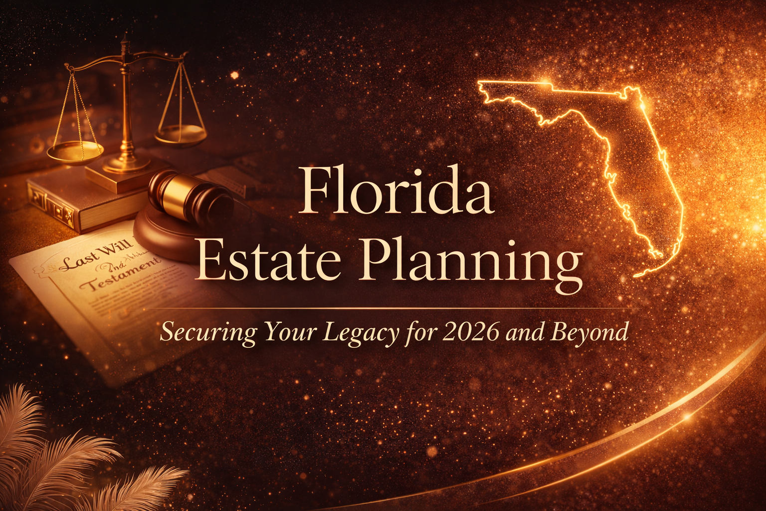 Florida estate planning concept image featuring a will, scales of justice, and the outline of Florida, representing estate planning and legacy protection