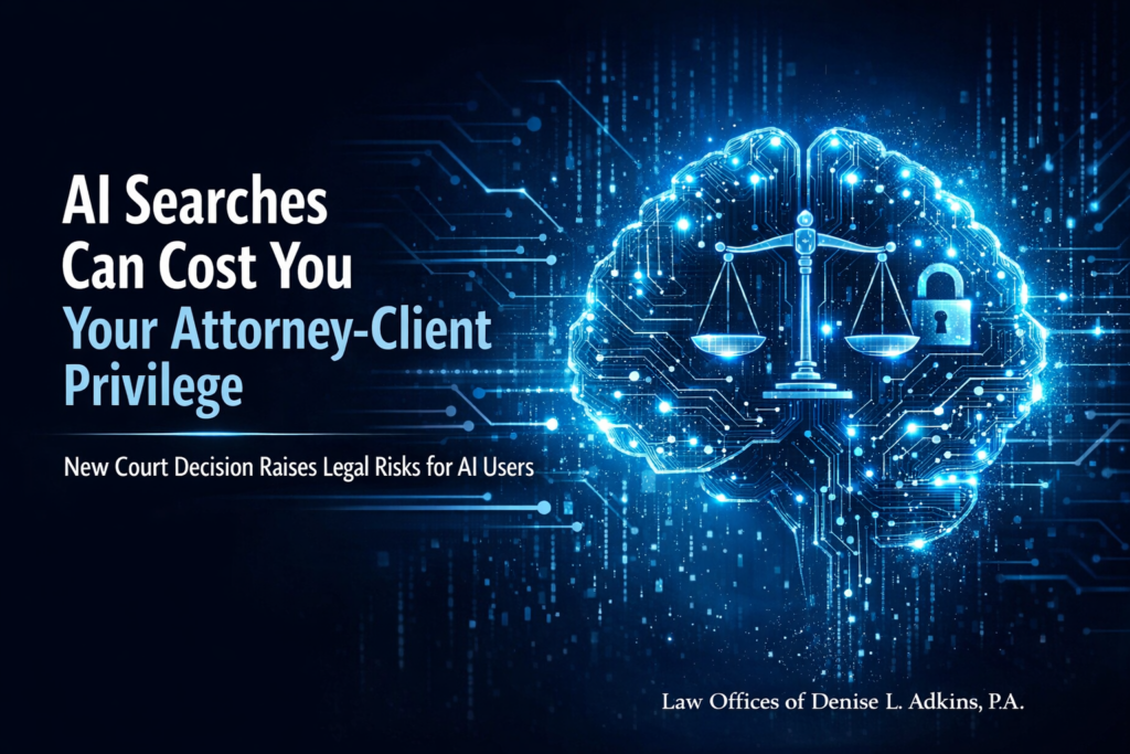 Artificial intelligence brain with scales of justice illustrating legal risks of AI searches and potential waiver of attorney-client privilege