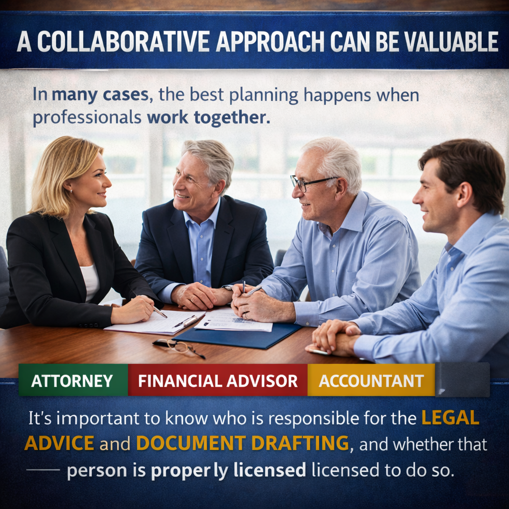 Estate planning professionals including an attorney, financial advisor, and accountant meeting together to discuss coordinated estate planning.