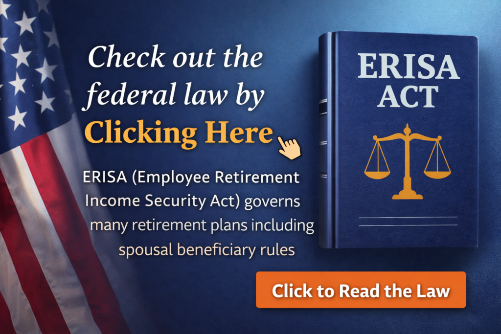 Graphic encouraging readers to review the federal ERISA law governing retirement plans and spousal beneficiary rules.
