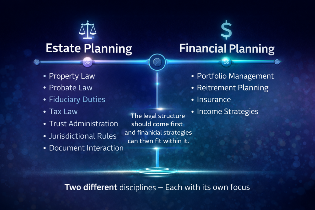 Infographic comparing estate planning and financial planning, showing legal disciplines like probate and fiduciary duties versus financial areas like portfolio management and retirement planning.
