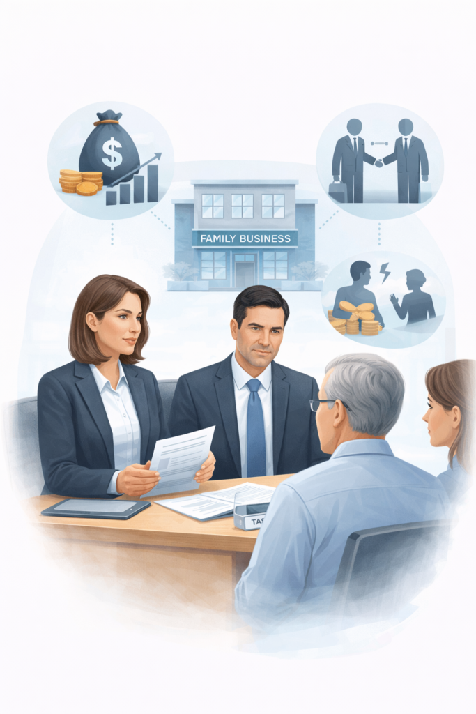 Female attorney and male advisor meeting with family to discuss business succession planning and ownership transfer