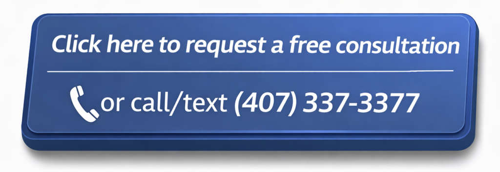 3D blue call-to-action button to request a free estate planning consultation or call text 407-337-3377