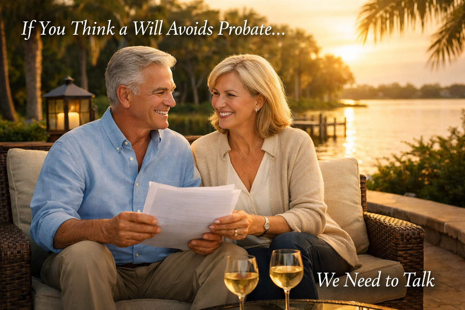 Affluent Florida couple reviewing estate planning documents by a lakeside patio at sunset, illustrating probate planning misconception about wills