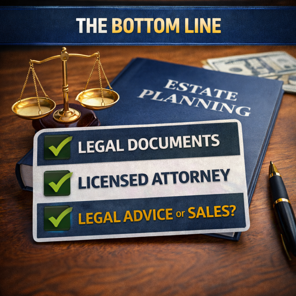 Scales of justice beside an estate planning book and checklist highlighting legal documents, licensed attorney, and proper legal advice.