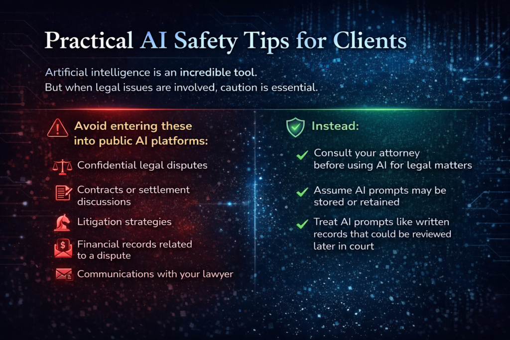 Infographic titled “Practical AI Safety Tips for Clients” explaining what information should not be entered into public AI platforms, including confidential legal disputes, contracts, litigation strategies, financial records, and attorney communications, along with safe practices for using AI during legal matters.
