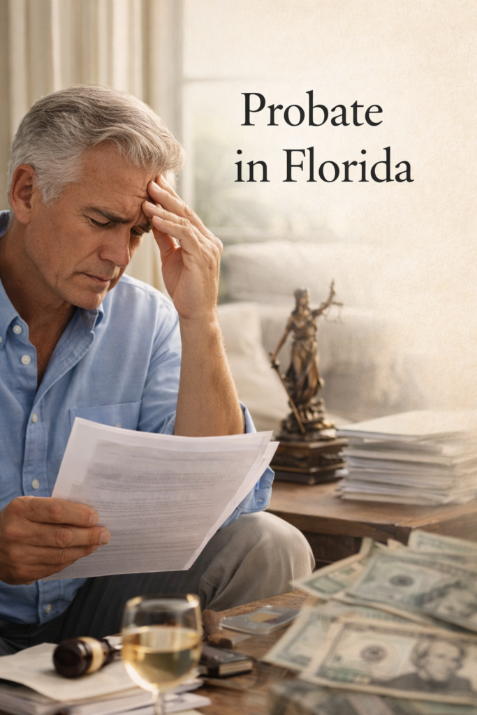 Older Florida man reviewing estate documents at home with concerned expression, illustrating challenges of probate planning