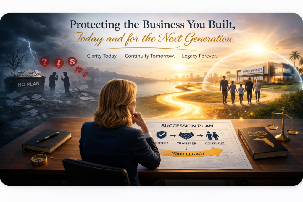 Business succession planning illustration showing contrast between no plan risks and a protected future with a succession strategy