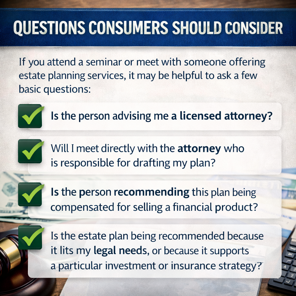Checklist of questions consumers should ask before hiring someone for estate planning, including verifying the advisor is a licensed attorney and not selling financial products.