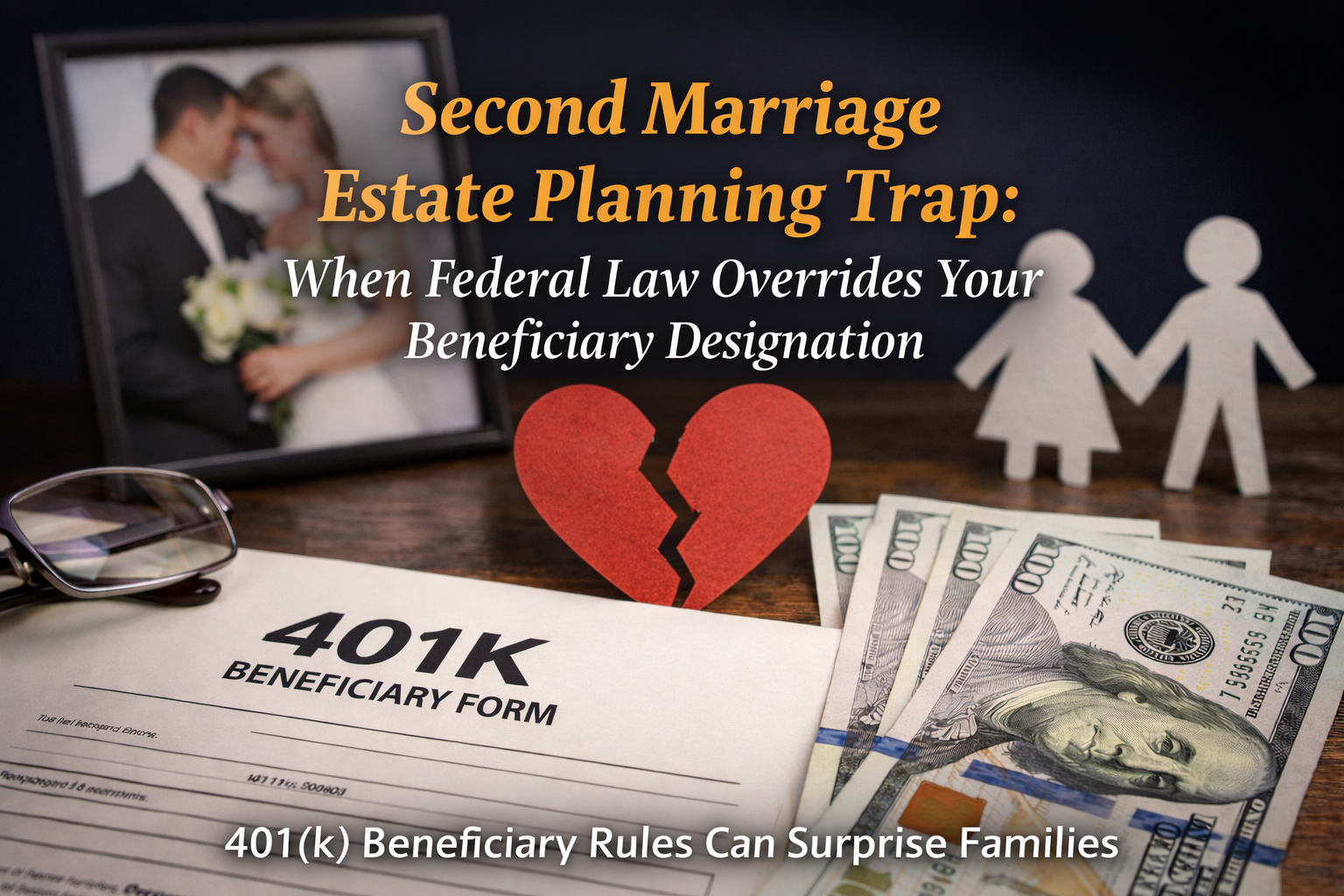 Second marriage estate planning issue involving 401(k) beneficiary rules where federal law may require a retirement account to pass to a spouse instead of children.