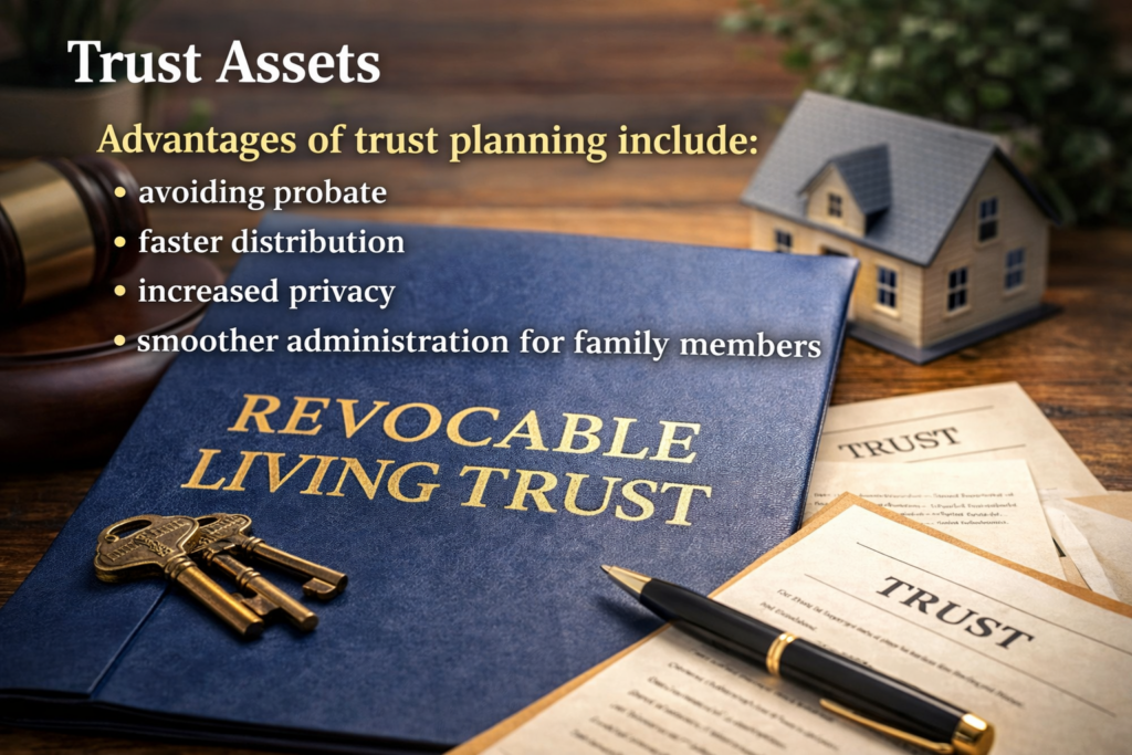 revocable living trust document with keys and house model representing trust assets that avoid probate in Florida