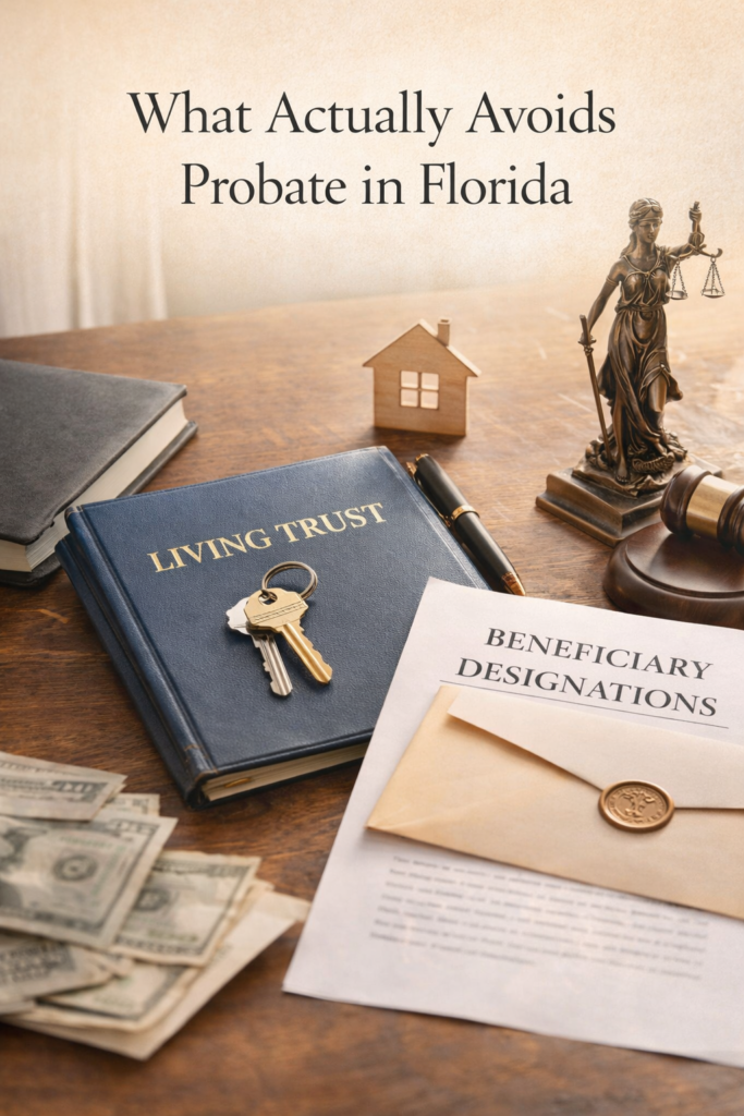 Estate planning tools including living trust documents, beneficiary designations, and property ownership elements illustrating how to avoid probate in Florida