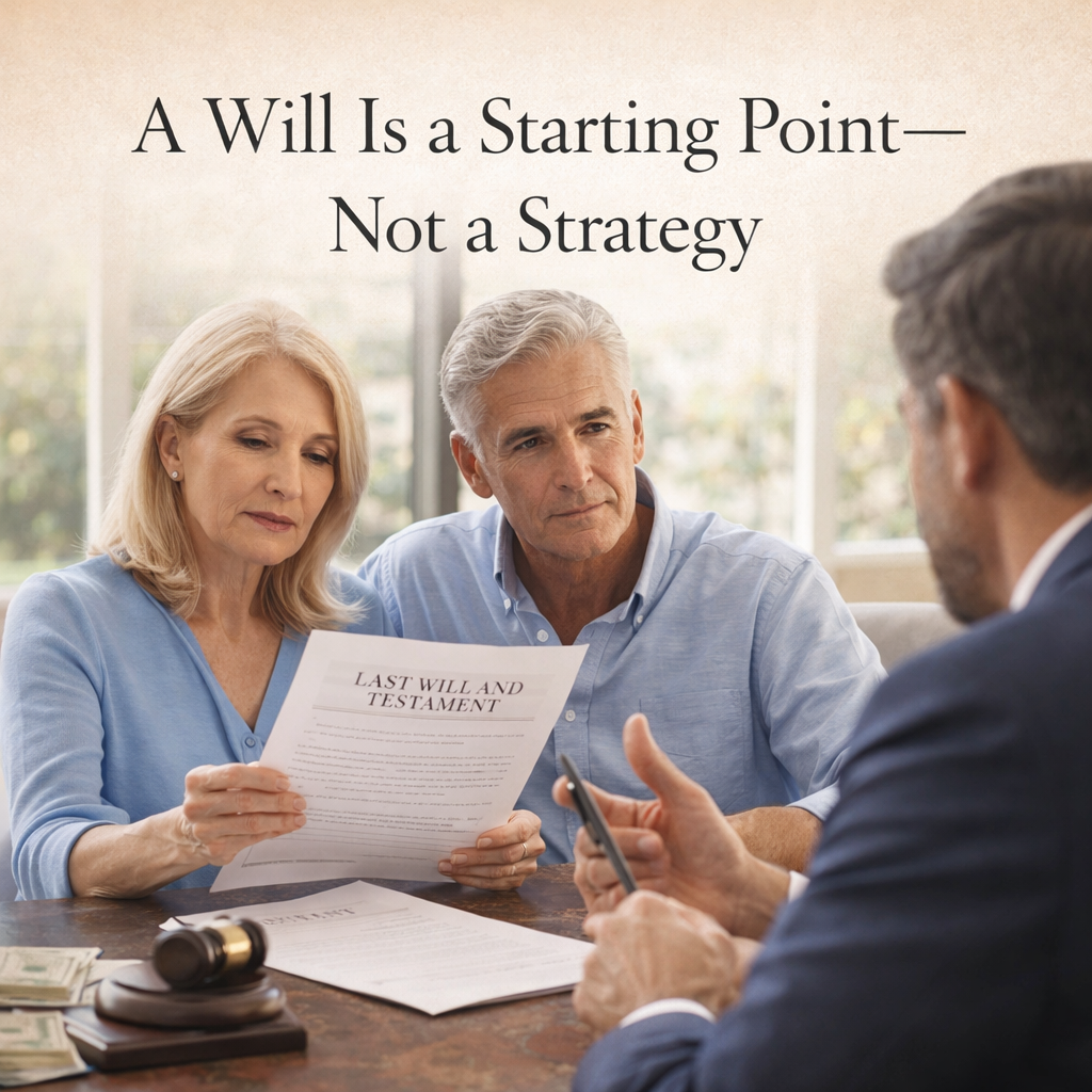 Mature couple reviewing a will with a professional advisor, illustrating that a will is only the starting point of estate planning strategy