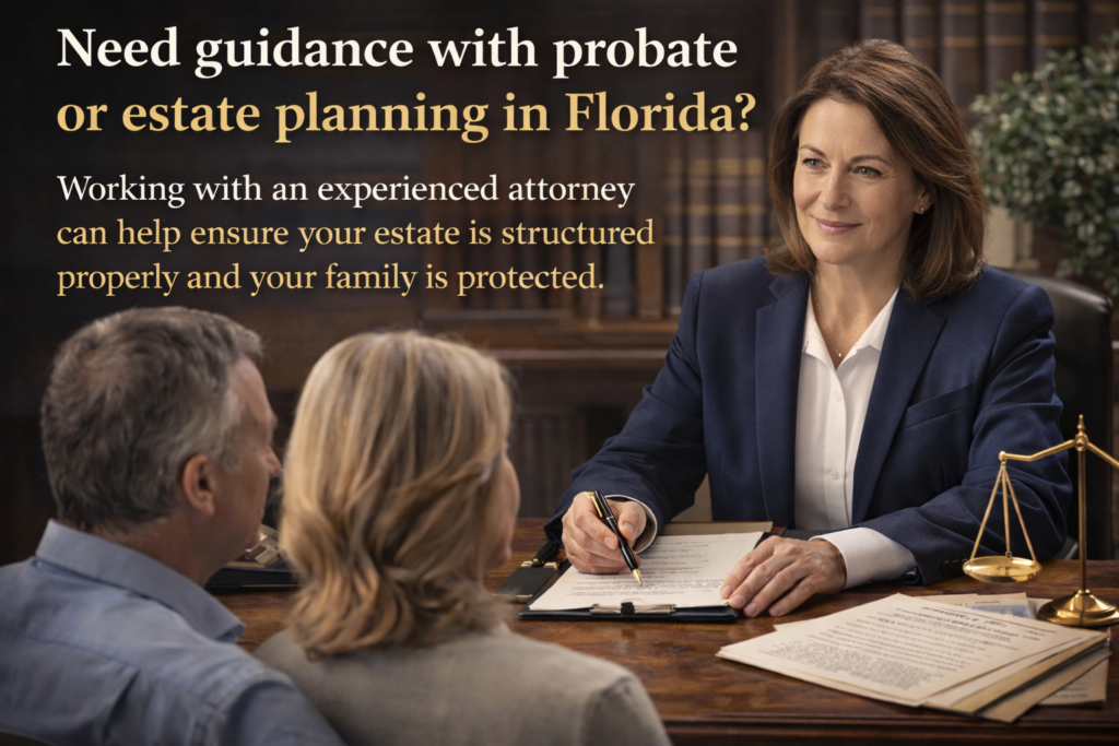 female probate and estate planning attorney meeting with clients to discuss estate planning and probate guidance in Florida