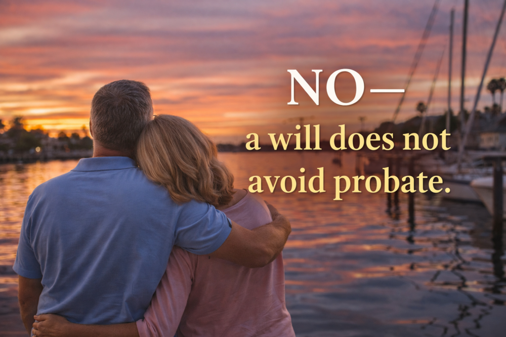 Older couple embracing at a Florida waterfront sunset with overlay text stating “No—a will does not avoid probate.”