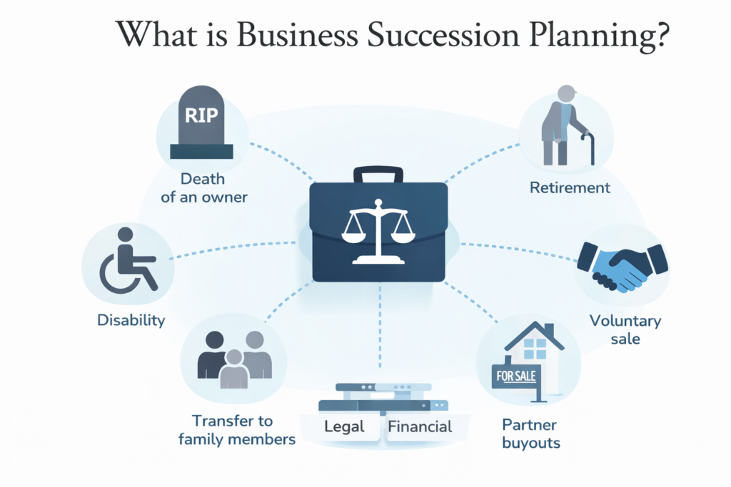 Infographic showing key elements of business succession planning including death, retirement, disability, sale, and family transfer