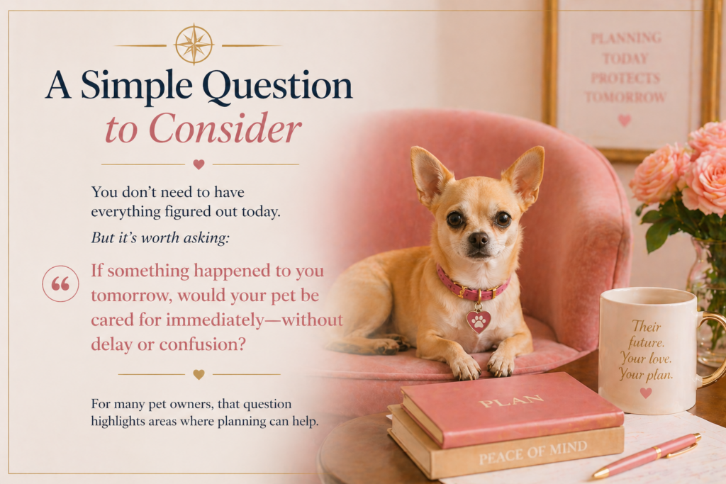 A simple question: If something happened to you tomorrow, would your pet be cared for immediately without delay or confusion  ?