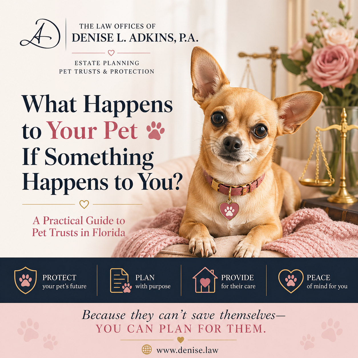 Elegant graphic showing a small dog with text about pet trusts in Florida and planning for a pet’s care if something happens to the owner.